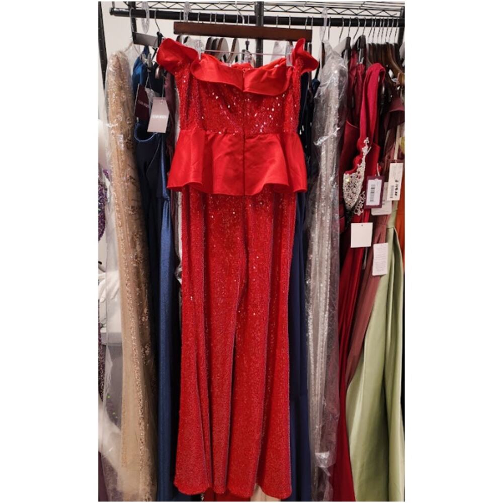 U Lady Juice Evening Jumpsuit Womens Medium Red Sequins Peplum Ruffle Glam Gala - Picture 3 of 6